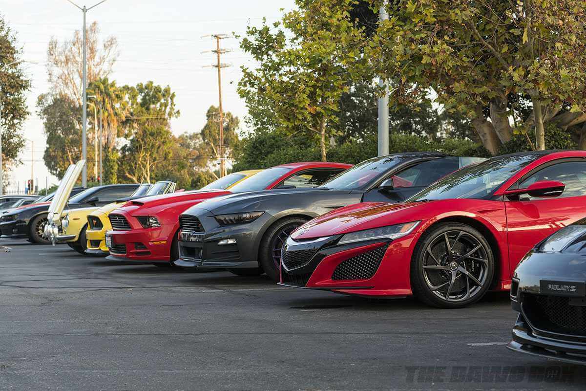 grey red and yellow Ford Mustangs and and red Honda NSX at Cars and Coffee South Bay Sunday